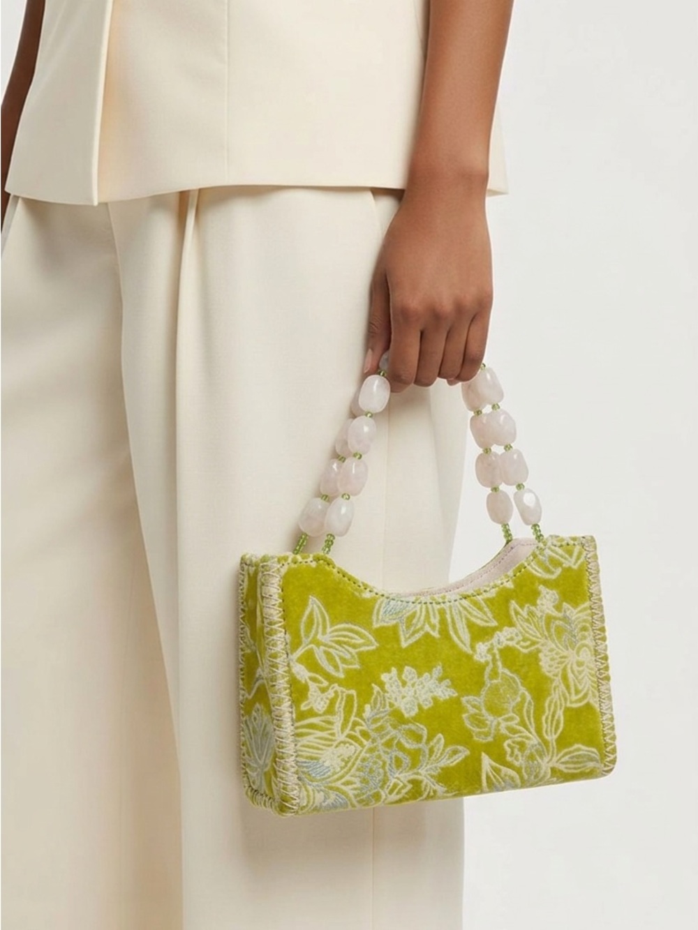 Corem Rose Vintage Lime Green Floral Mini Bag with Beaded Accent